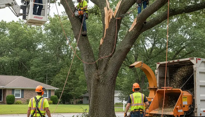 Emergency tree service crew in Cincinnati, OH removing storm-damaged fallen tree hazards