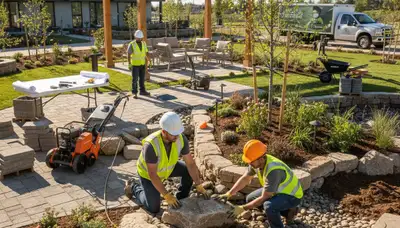 Cincinnati, OH tree service crew planning landscape design for a residential property