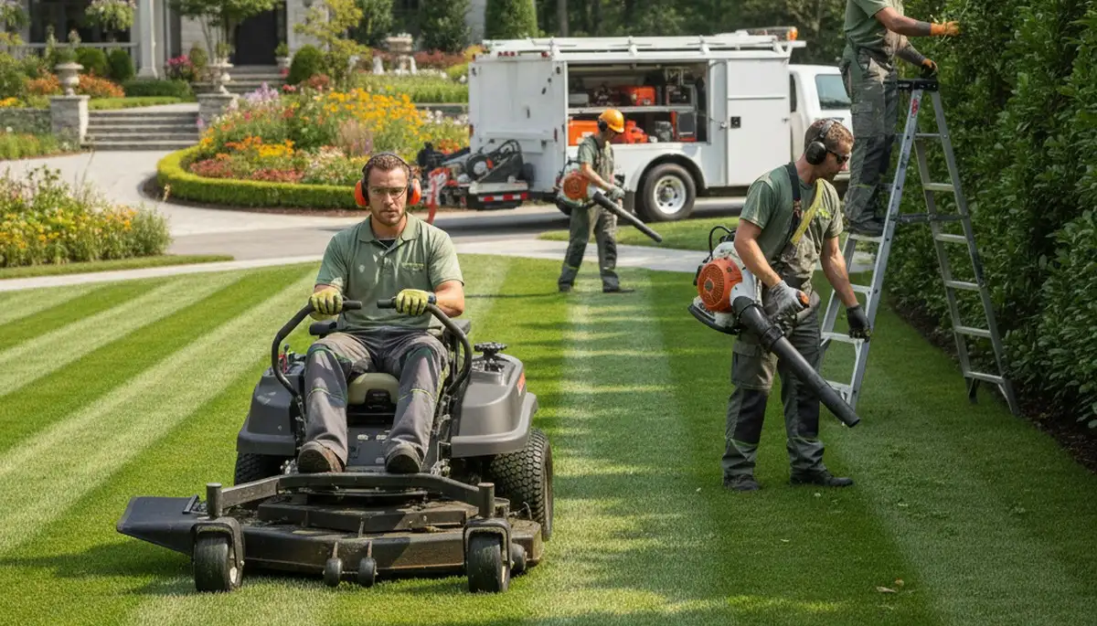 Professional lawn care team in Cincinnati, OH providing mowing and turf health services