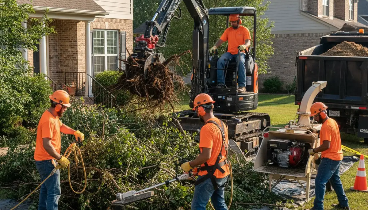Cincinnati, OH tree crew removing overgrown shrubs from a residential yard