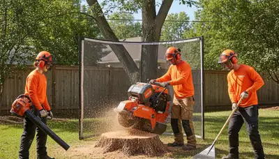 Stump removal crew in Cincinnati, OH clearing a tree stump on a residential property