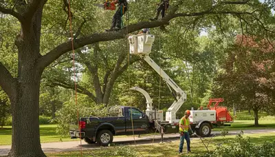 Cincinnati, OH tree pruning crew trimming branches for safer, healthier trees on a residential property