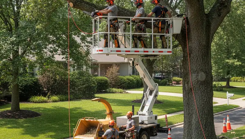 Cincinnati, OH tree removal crew safely removing a damaged tree from a residential property