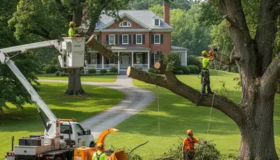 Tree service crew removing a large tree in Cincinnati, OH for safe property clearance
