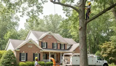 Tree service crew removing a tree in Cincinnati, OH for safe residential property cleanup
