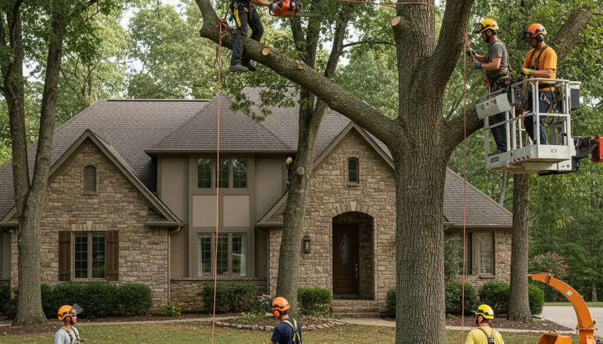 Tree service crew in Cincinnati, OH removing a tree for safe property clearance