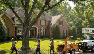 Cincinnati OH tree service crew removing a tree near a home