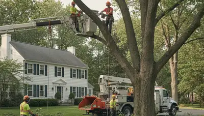 Tree service team in Cincinnati, OH handling safe tree removal for a local property