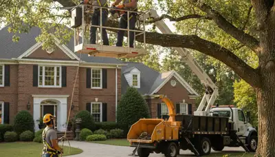 Cincinnati, OH tree service crew removing a tree with professional equipment on a residential property